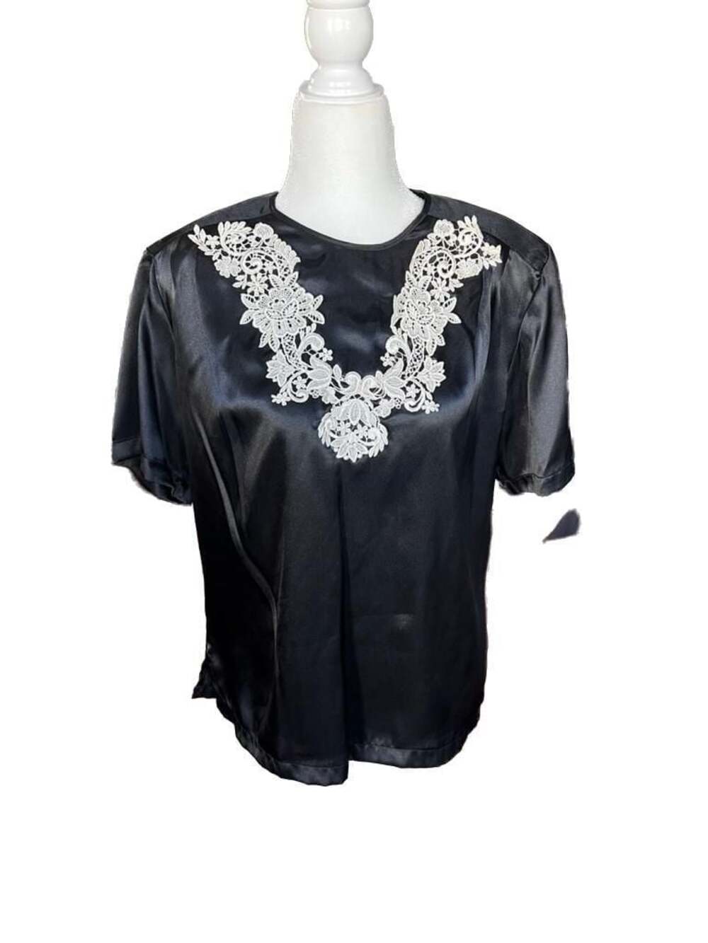 Gianna Black Satin Short Sleeve Blouse with White Lace Detail